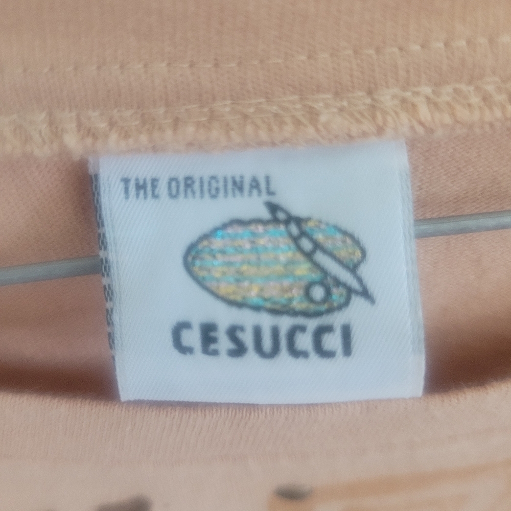 Vintage 90s Cesucci Hand Painted Embellished Tee Tan Brown Geometric Art Shirt - Picture 2 of 10